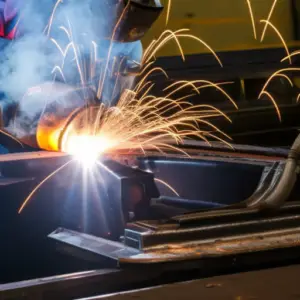 An image of a skilled welder using precision TIG welding techniques to restore a classic car body, with sparks flying and intricate welding patterns