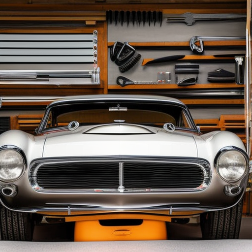 image of a vintage car in a garage with a budgeting spreadsheet, tools, and restoration materials neatly organized on a workbench