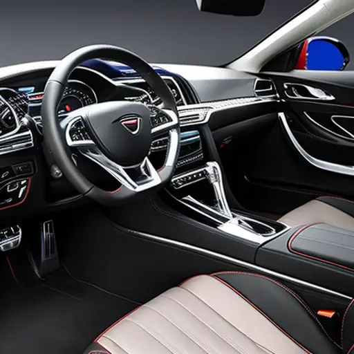 An image of a luxurious car interior with custom leather seats, ambient lighting, and personalized dashboard accessories