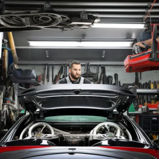 An image of a person working on their car in a cluttered garage, surrounded by tools and parts, comparing it to a professional mechanic in a clean, well-equipped shop