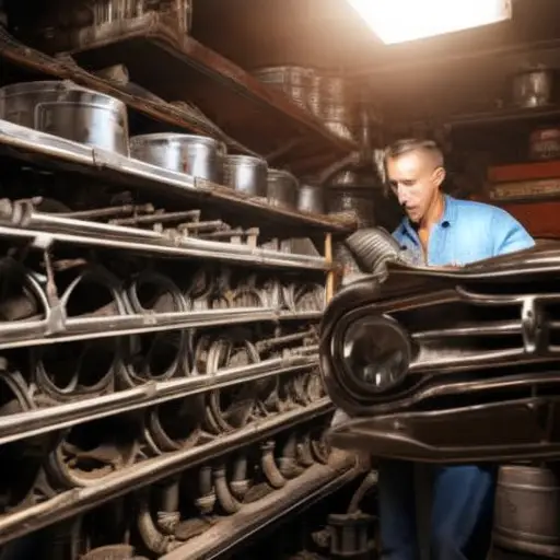 an image of a person carefully inspecting a vintage car engine, surrounded by shelves of neatly organized original car parts in a dimly lit garage workshop