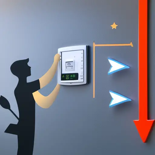 An image of a person adjusting a thermostat in a home, with various arrows and symbols indicating proper temperature settings, energy efficiency, and air quality control