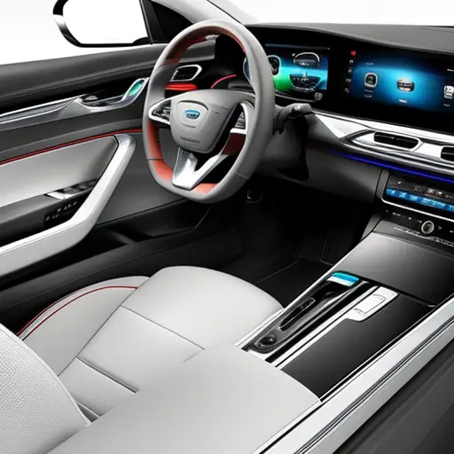 An image of a sleek, modern car interior with a dashboard featuring a large touchscreen display, voice-activated controls, and integrated smartphone connectivity