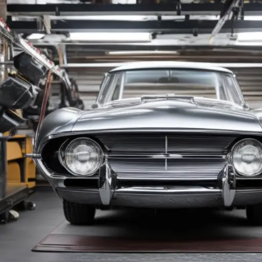 an image of a vintage car being meticulously restored in a workshop, with tools and parts spread out, and a skilled craftsman working on bringing the car back to its former glory