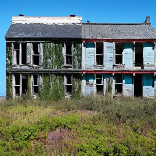 two side-by-side images of a dilapidated, overgrown building in disrepair, followed by a vibrant, fully restored structure