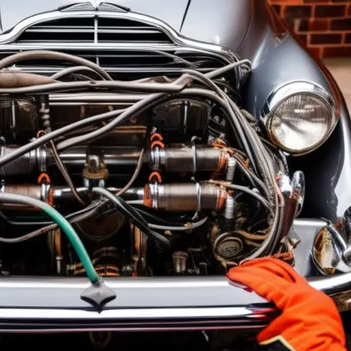 An image of a vintage car's engine compartment, with a close-up of the electrical wiring being carefully inspected and restored by a pair of gloved hands