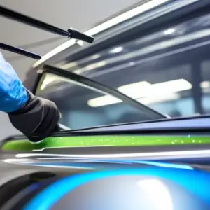 a close-up of a professional using a glass polishing machine to restore the clarity and shine of a car window