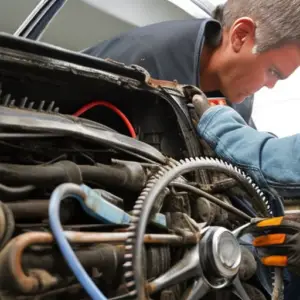 An image of a mechanic using a multimeter to test the wiring in the engine of an older car