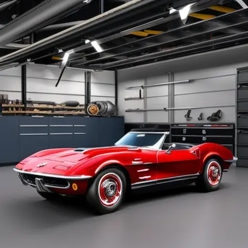 An image of a Chevrolet Corvette in a garage, with tools and parts laid out on a workbench