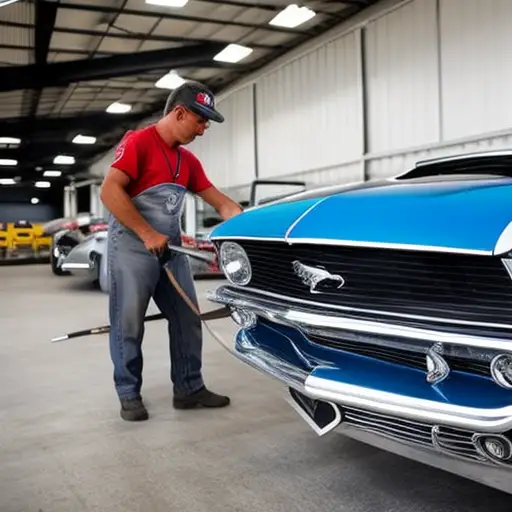 a close-up of a skilled mechanic meticulously sanding and priming a classic Mustang body, with the iconic chrome horse emblem in the background
