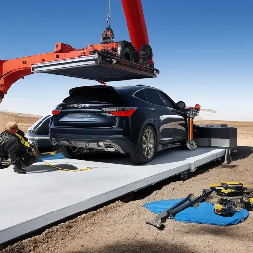 An image of a car being lifted on a hydraulic jack, with a person wearing protective gear inspecting the underside