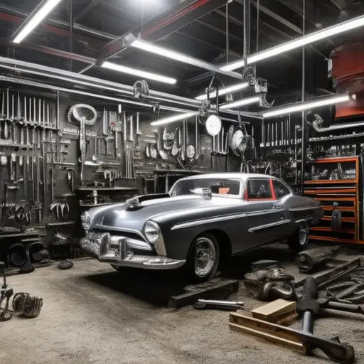 An image of a well-lit workshop with a vintage car on a lift, surrounded by a variety of tools such as wrenches, sockets, sanders, and welding equipment