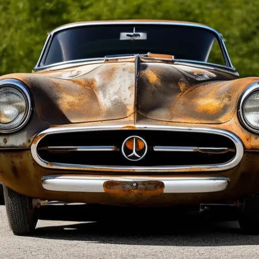 An image of a sleek, vintage sports car covered in rust and dents, with faded paint and missing parts