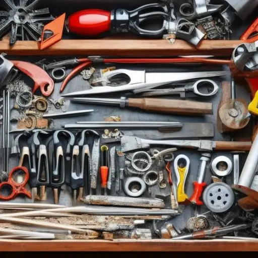 An image of a cluttered workbench with various tools and materials scattered around, including a broken object being repaired with a restoration kit