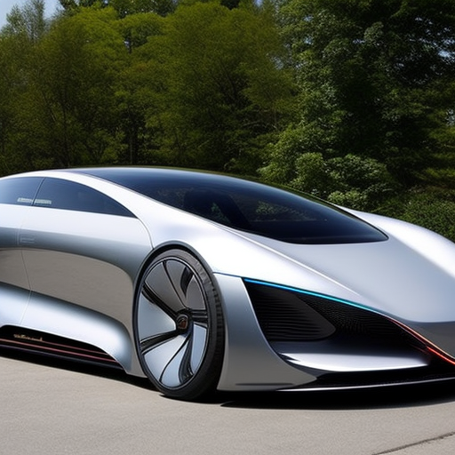 An image of a futuristic electric car with sleek, aerodynamic modifications, custom LED lighting, and a charging station integrated into the vehicle's design