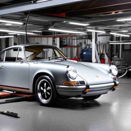 An image of a vintage Porsche 911 being carefully restored in a workshop, with skilled hands working on the engine, body, and interior, surrounded by tools and equipment