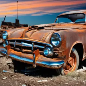 An image of a vintage car covered in rust and corrosion, sitting in a junkyard surrounded by discarded parts and debris, evoking the impact of environmental regulations on car restoration