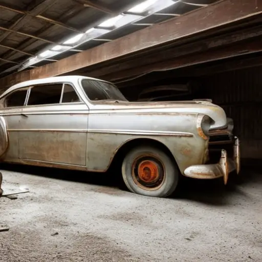 a photo of a vintage car covered in dust and rust, sitting in a neglected garage, while a person is seen scrolling through social media on their phone in the background