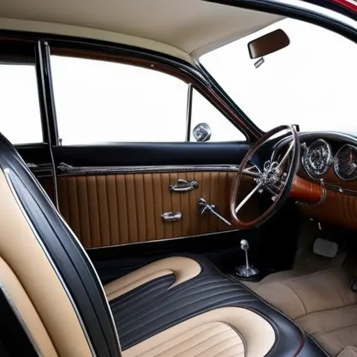 An image of a vintage car interior being meticulously restored, with a focus on the intricate details of the upholstery work, such as stitching, fabric texture, and color coordination