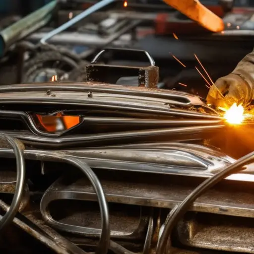 An image of a skilled technician meticulously shaping and welding metal components to restore a vintage car, surrounded by sparks and the glow of welding equipment