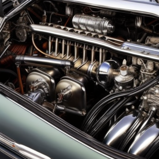 An image of a vintage car's engine bay, with the hood open and various mechanical components on display